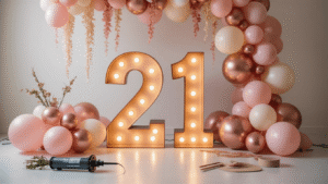 Marquee Numbers with Balloon Garlands: The Party Statement You Didn't Know You Needed A cinematic wide shot of illuminated "21" marquee numbers surrounded by organic balloon garlands in blush pink, rose gold, and ivory tones, with faux floral stems and crafting materials in the foreground, captured in warm golden hour lighting.