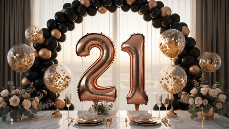 21st Birthday Balloons That'll Make Your Celebration Actually Instagram-Worthy Cinematic wide-angle shot of a luxurious 21st birthday balloon display featuring rose gold mylar number balloons "2" and "1", surrounded by a black and gold balloon arch, crystal bubble balloons with gold confetti, and an elegant balloon garland. The scene is set with warm golden hour lighting on a marble surface, accented by silk ribbons, eucalyptus greenery, sophisticated tableware, and rich textures, creating an Instagram-worthy atmosphere with dreamy bokeh lighting.