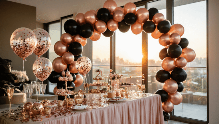 The 21 Balloons That'll Make Your 21st Birthday Absolutely Unforgettable A sophisticated 21st birthday party in a modern apartment featuring a rose gold and black balloon arch with 21 balloons, confetti-filled clear balloons in golden hour light, an elegant dessert table with crystal glassware and blush pink linens, and a luxurious ambiance.