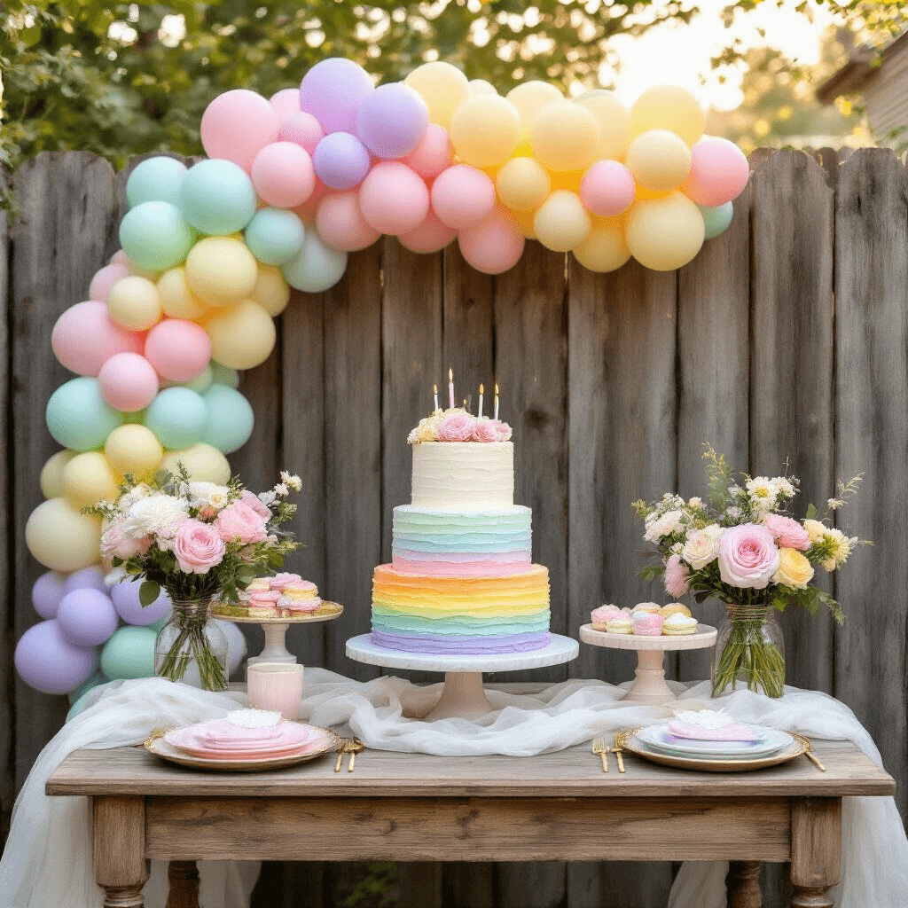 Rainbow Balloons: Everything You Need to Transform Your Space with Color Close-up detail of a whimsical backyard birthday celebration featuring a vibrant balloon garland and pastel decorations, including a three-tiered rainbow cake on a vintage dessert table, surrounded by wildflower centerpieces and delicate drapery, all illuminated by soft morning light.