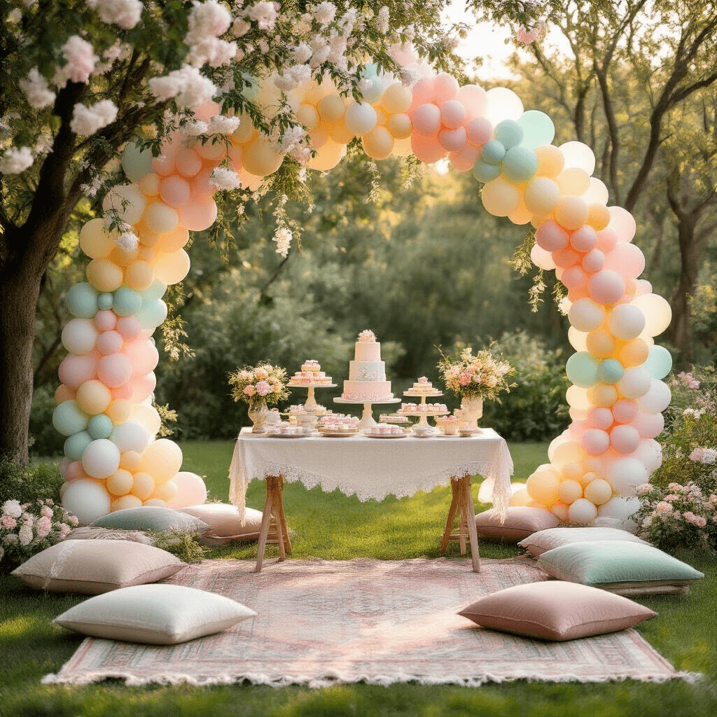 Rainbow Balloons: Everything You Need to Transform Your Space with Color Cinematic wide shot of an enchanting garden baby shower during golden hour, featuring a pastel rainbow balloon arch over a dessert table among flowering trees, with vintage rugs, picnic tables, and plush cushions creating a magical atmosphere enhanced by dappled sunlight and twinkling fairy lights.