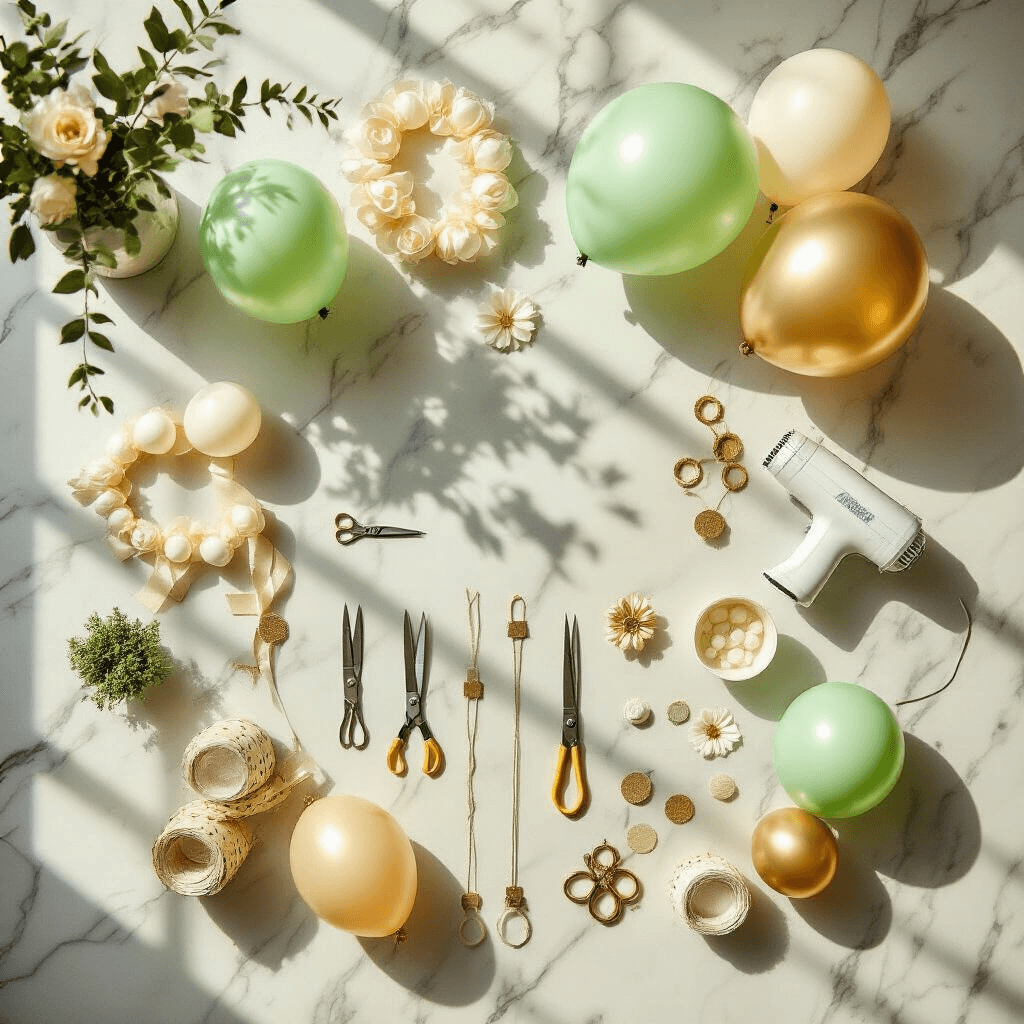 Baby Shower Balloons: Everything You Need to Transform Your Celebration An overhead flat lay of a whimsical DIY balloon crafting setup on a marble kitchen countertop, featuring uninflated balloons in sage green, cream, and gold, along with tools like an electric pump and scissors, partially completed clusters, greenery, ribbons, and a tablet with tutorial videos, all illuminated by natural morning sunlight.