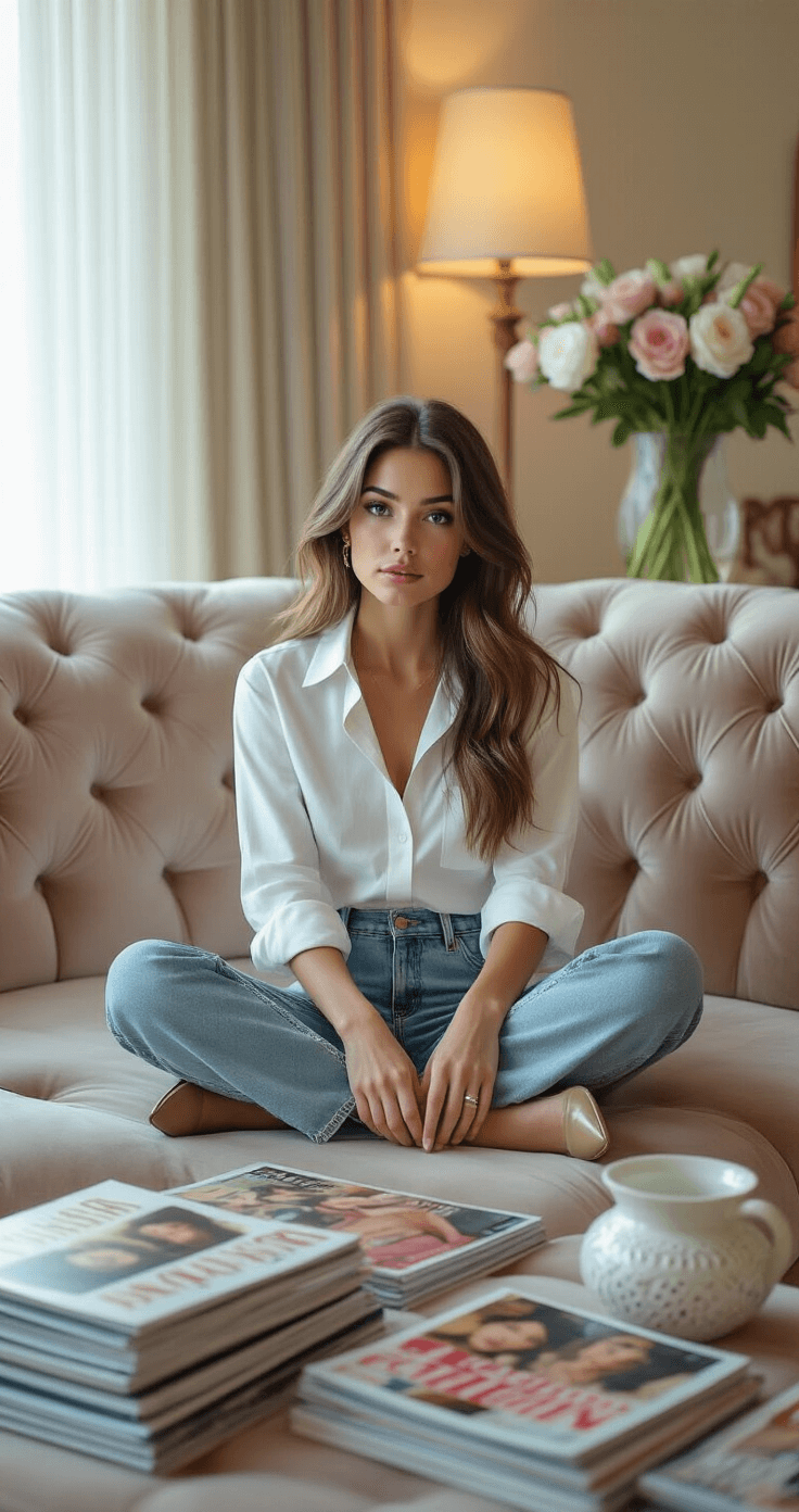 Natural Wedding Makeup for Brown Eyes That Actually Looks Like You (Just Better) A model sits cross-legged on a plush velvet couch in a stylish living room, dressed in a crisp white button-down, high-waisted vintage-wash denim, and pointed-toe mules, surrounded by fashion magazines, a ceramic trinket dish, and a vase of fresh flowers under soft ambient lighting.