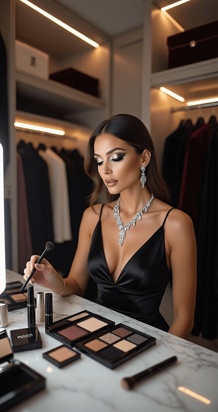Wedding Guest Makeup Ideas That'll Keep You Looking Fresh All Night Long An elegant woman applies dramatic smokey eye makeup in a chic walk-in closet, surrounded by organized designer clothes and ambient LED lighting, wearing a black cocktail dress and silver jewelry, with eyeshadow palettes and makeup tools arranged aesthetically on a marble vanity.