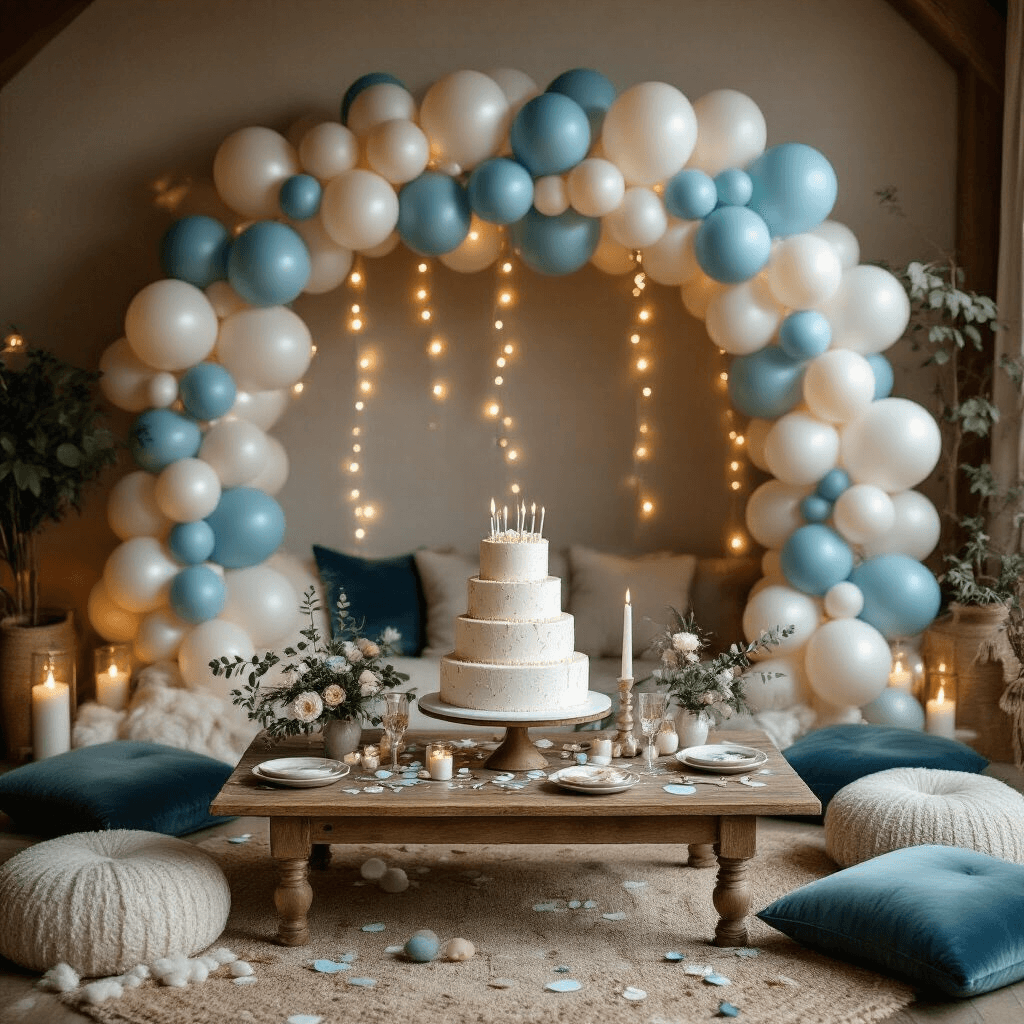 Pearl Balloons: Everything You Need to Know About These Elegant Party Essentials An intimate overhead flat lay of a cozy birthday celebration with an organic balloon garland in pearl azure and pearl white surrounding a tiered cake on a rustic wooden table, accented by soft fairy lights, velvet cushions, and delicate tableware, all illuminated by warm candlelight.