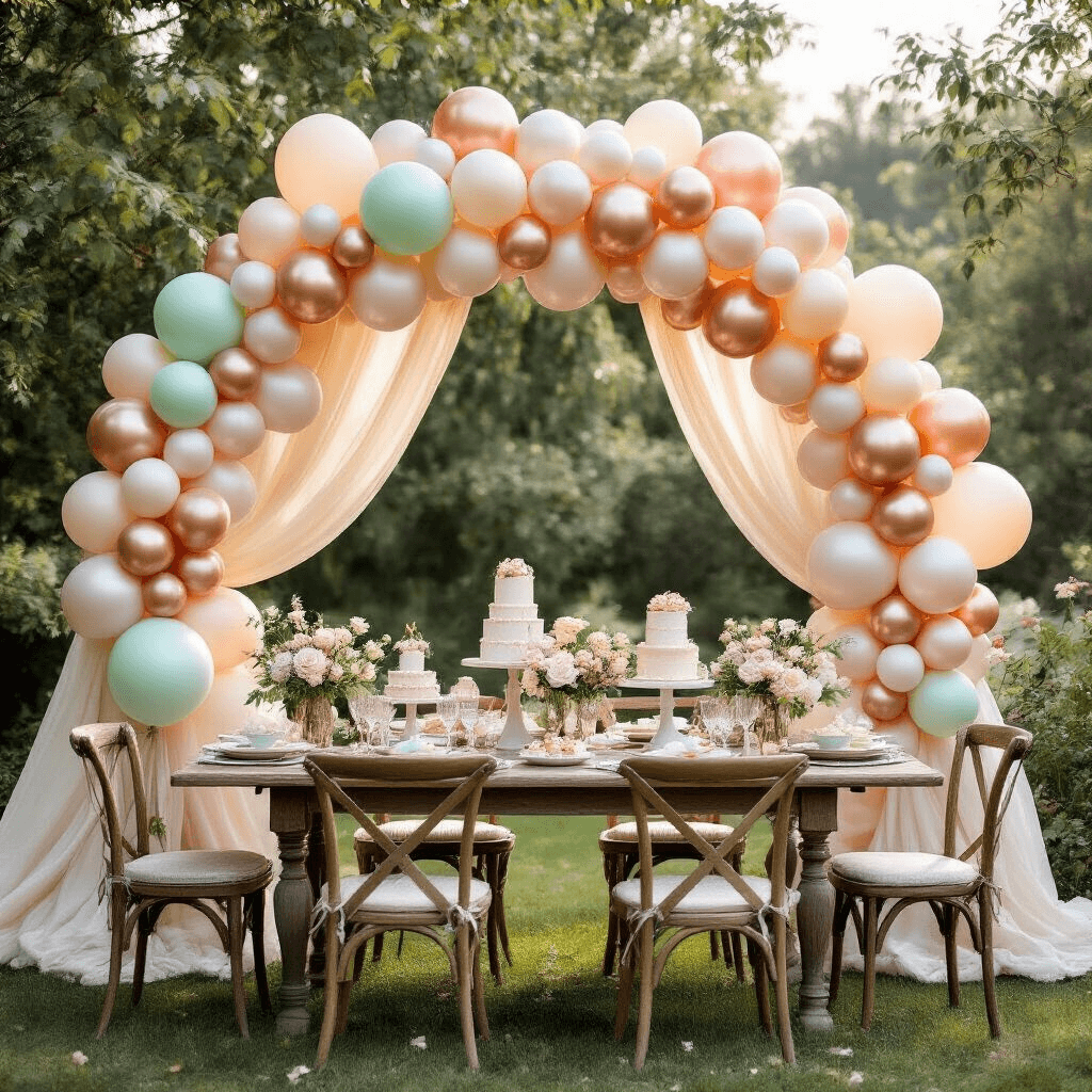 Pearl Balloons: Everything You Need to Know About These Elegant Party Essentials A whimsical garden celebration featuring a balloon arch in mint, cream, and rose gold, framed by rustic wooden tables with desserts on marble cake stands, surrounded by vintage chairs and small balloon bouquets, all under soft morning light with dappled sunlight filtering through trees.