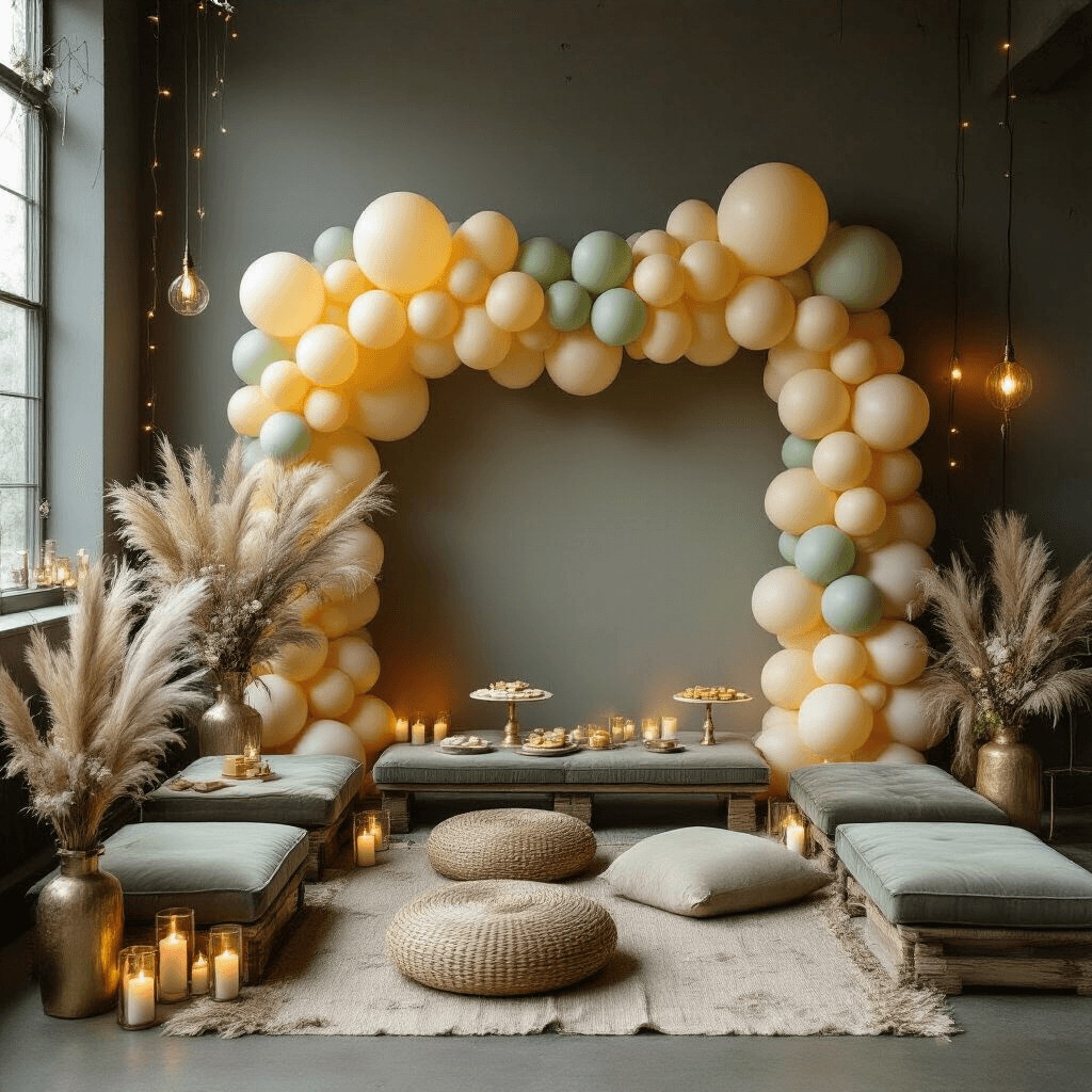 Baby Shower Balloons: Everything You Need to Transform Your Celebration A sophisticated gender-neutral baby shower backdrop features a dramatic balloon wall in soft yellows, sage greens, and creams against charcoal gray walls, with warm candlelight and string lights illuminating an intimate dining room. Low rectangular tables with velvet and linen cushions create a modern bohemian atmosphere, complemented by cascading balloon designs, pampas grass, and greenery. Delicate pastries on tiered cake stands and gold-rimmed glassware enhance the cozy setting, enriched by layered textiles and flickering pillar candles.