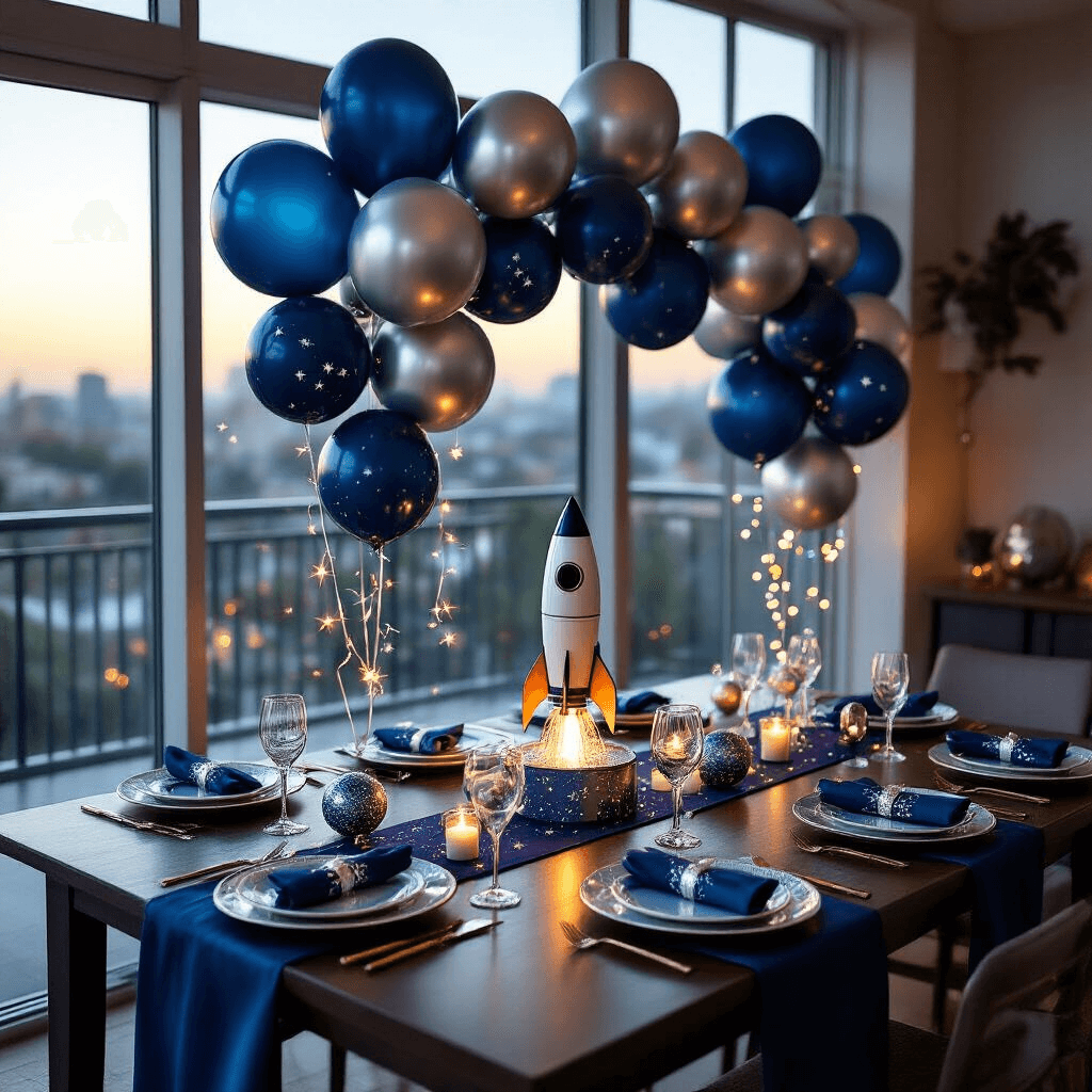 House of Party Kits: Why I'm Ditching the DIY Disaster for Ready-Made Party Magic An elegant space-themed party setup in a modern dining room during golden hour, featuring a dark wood table with a navy blue silk runner, constellation-patterned plates, and a striking rocket ship centerpiece. The scene includes coordinated metallic balloon arrangements, twinkling LED string lights, silver napkin rings, and confetti-filled clear balloons, all illuminated by warm evening light.