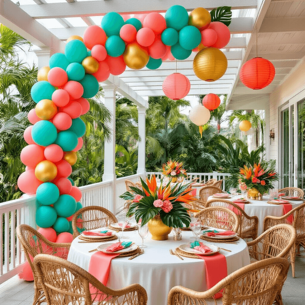 House of Party Kits: Why I'm Ditching the DIY Disaster for Ready-Made Party Magic A vibrant tropical-themed party scene on a covered patio terrace, featuring a colorful balloon arch, white tables with coral silk linens, tropical floral centerpieces, wicker peacock chairs, and hanging paper lanterns, all set against terracotta tile flooring.