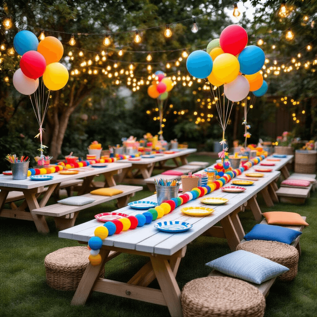 House of Party Kits: Why I'm Ditching the DIY Disaster for Ready-Made Party Magic A whimsical children's party setup in a stylish backyard, featuring low wooden picnic tables with rainbow-colored balloon garlands, primary-colored tableware, string lights, woven grass mats for seating, craft stations in galvanized buckets, and fresh daisies in mason jars, all illuminated in warm golden light.