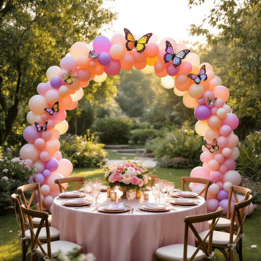 Butterfly Balloons: Everything You Need to Know About Adding Flutter and Magic to Your Next Celebration A whimsical garden party celebration at golden hour, featuring a stunning 8-foot butterfly balloon arch, lush landscaping, rustic wooden tables with blush pink silk linens, floral centerpieces, and delicate flying butterfly decorations, all illuminated by warm sunlight filtering through tree branches.