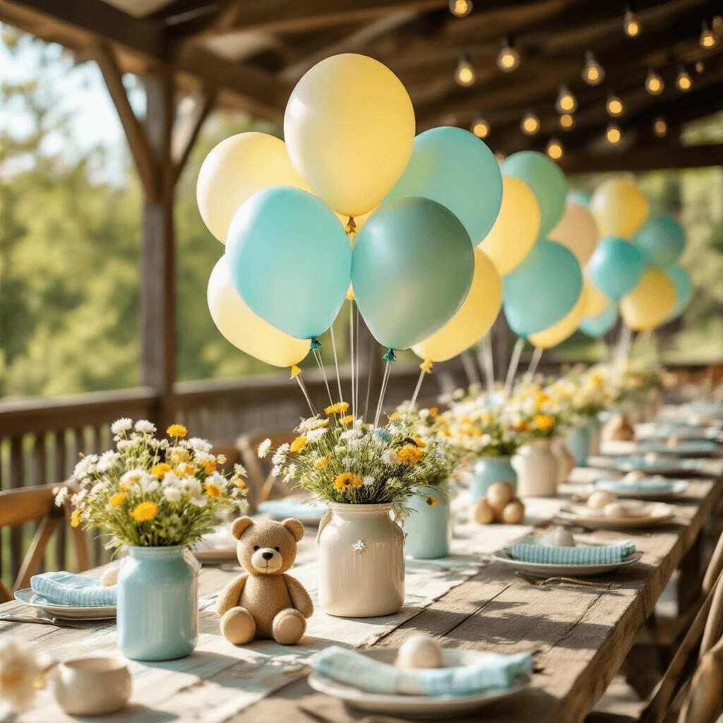 Baby Shower Balloons: Everything You Need to Transform Your Celebration A bright close-up of elaborate balloon centerpieces shaped like baby bottles and teddy bears in soft primary colors on rustic wood tables, accented with vintage ceramic baby boots filled with wildflowers, under string bistro lights on a covered outdoor terrace.