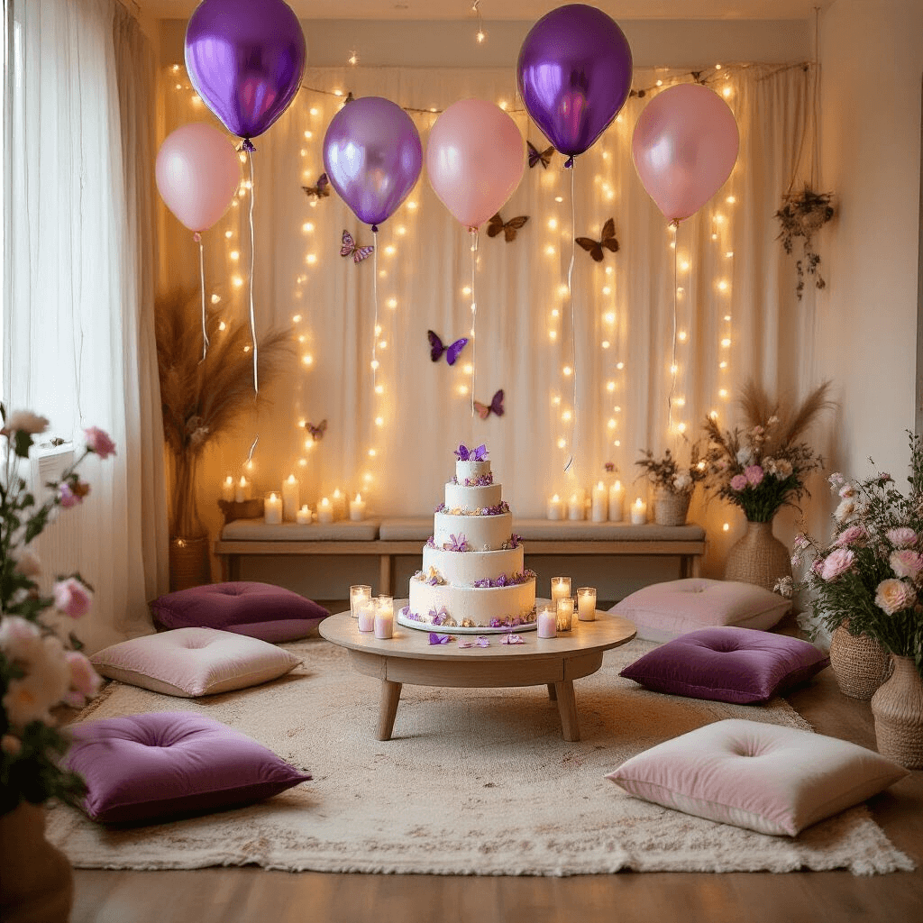 Butterfly Balloons: Everything You Need to Know About Adding Flutter and Magic to Your Next Celebration An overhead view of a cozy indoor birthday party transformed into a butterfly wonderland, featuring a three-tiered cake on a coffee table, purple, pink, and holographic butterfly balloons, velvet floor cushions, silk ribbon streamers, and fresh florals in mason jars, all under warm candlelight and fairy lights.