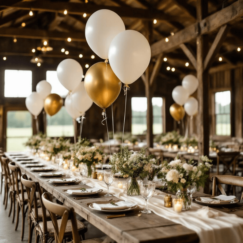 Butterfly Balloons: Everything You Need to Know About Adding Flutter and Magic to Your Next Celebration A rustic barn wedding reception illuminated by warm fairy lights, featuring sophisticated butterfly balloon accents alongside long farm tables adorned with ivory silk runners and mason jar florals in wildflowers, all captured in a cinematic wide shot showcasing the romantic atmosphere and vintage decor.