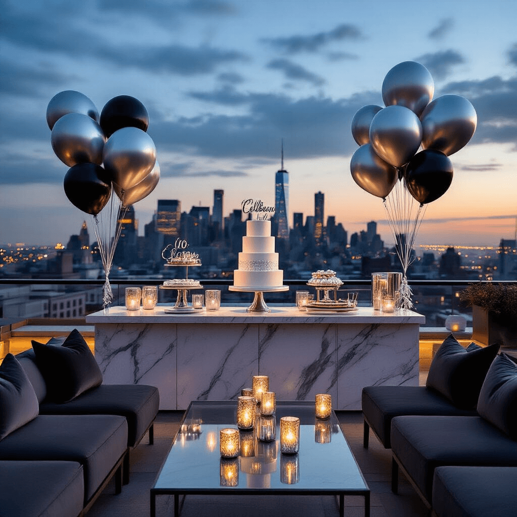 Silver Balloons: Everything You Need to Transform Your Party Space Modern rooftop terrace at twilight featuring a sleek dessert station with a silver anniversary cake, jumbo silver letter balloons against the city skyline, low lounge seating with charcoal velvet cushions, glass coffee tables adorned with silver balloon garlands, and warm candlelight from mercury glass votives, all enhanced by contemporary balloon installations and ethereal fairy lights.