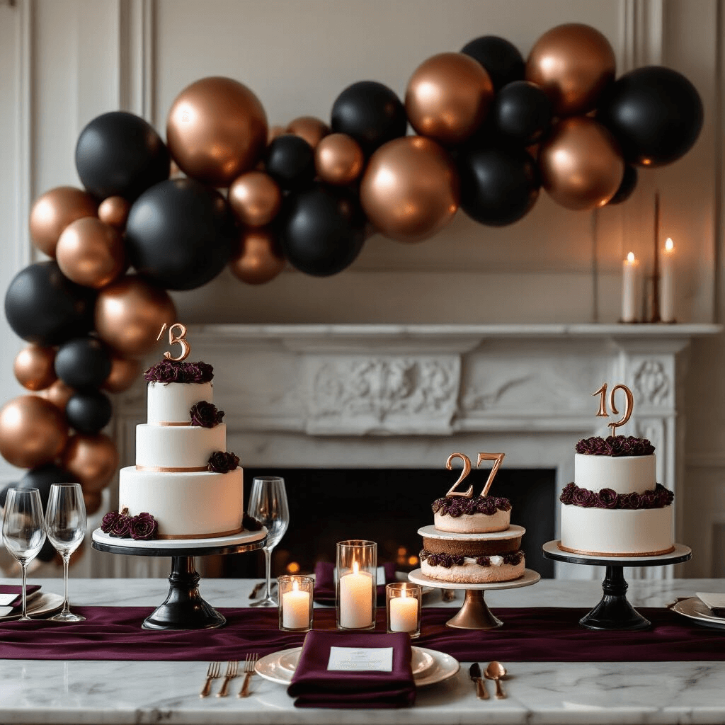 Birthday Balloon Decoration Options That Won't Make You Want to Pop Intimate dining nook illuminated by candlelight, featuring sophisticated midnight copper and matte black balloon decorations, a delicate balloon garland on a marble mantel, tiered birthday cake displays framed by balloon clusters, and elegant place settings with deep burgundy silk runners arranged around low balloon centerpieces.