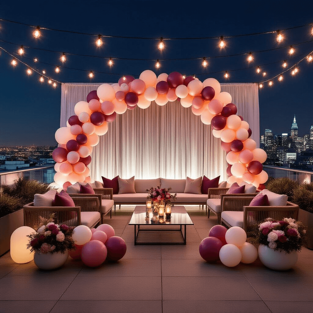 Birthday Balloon Decoration Options That Won't Make You Want to Pop A modern rooftop terrace illuminated by fairy lights, featuring a berry blush and cream balloon arch, contemporary seating arrangements, and balloon bouquets, with an urban skyline in the background.