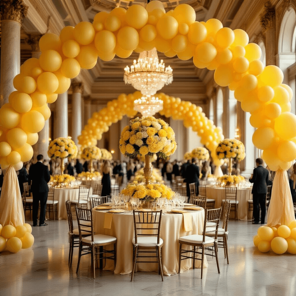 Yellow Latex Balloons: Your Complete Guide to Finding the Perfect Party Pop of Sunshine An elegant indoor ballroom decorated for a yellow-themed celebration, featuring round tables with cream silk linens, towering floral centerpieces, cascading yellow balloons from a balloon arch, crystal chandeliers casting warm light, and guests in formal attire mingling beneath the decor.