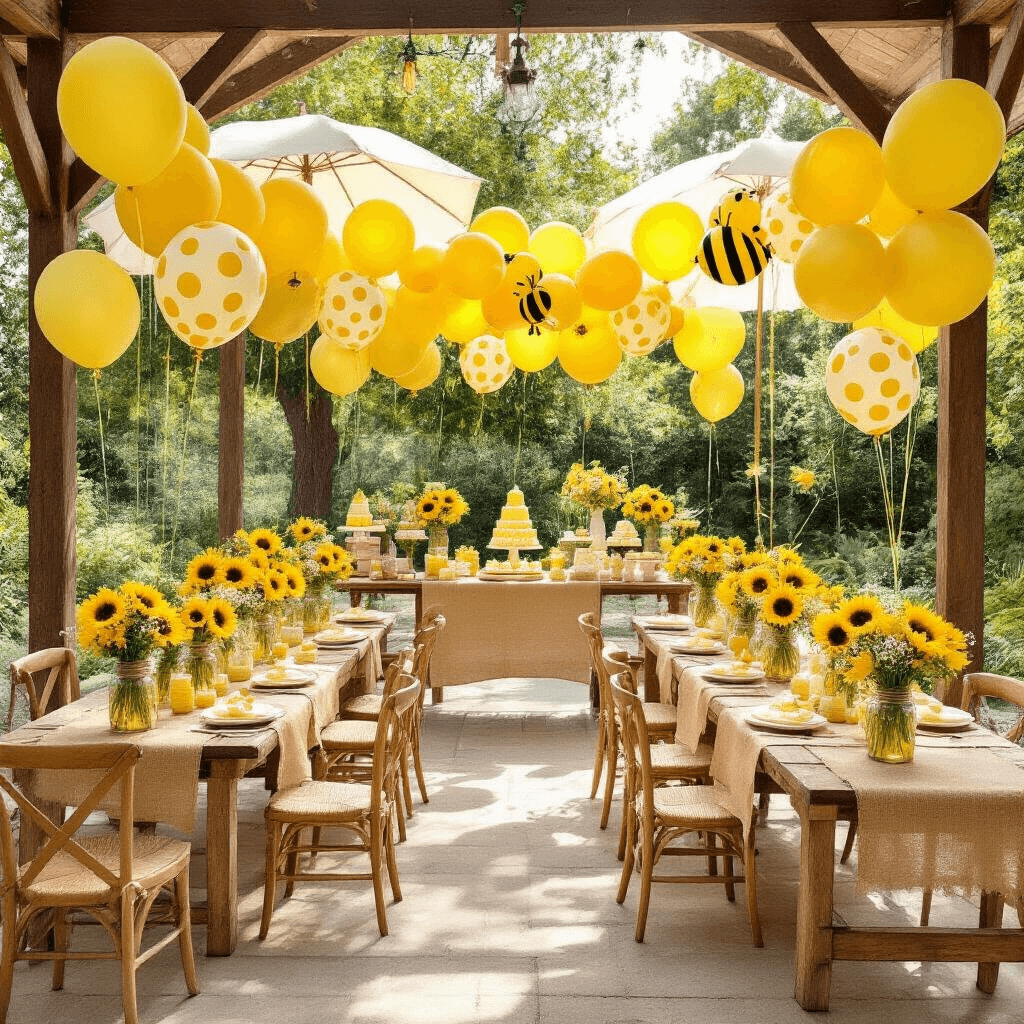 Yellow Latex Balloons: Your Complete Guide to Finding the Perfect Party Pop of Sunshine Whimsical sunflower-themed baby shower setup in a garden pavilion, featuring burlap table runners, mason jar centerpieces with sunflowers, yellow and gold balloon garlands, vintage high chairs, and a dessert station with honey-themed treats, all bathed in soft morning light.