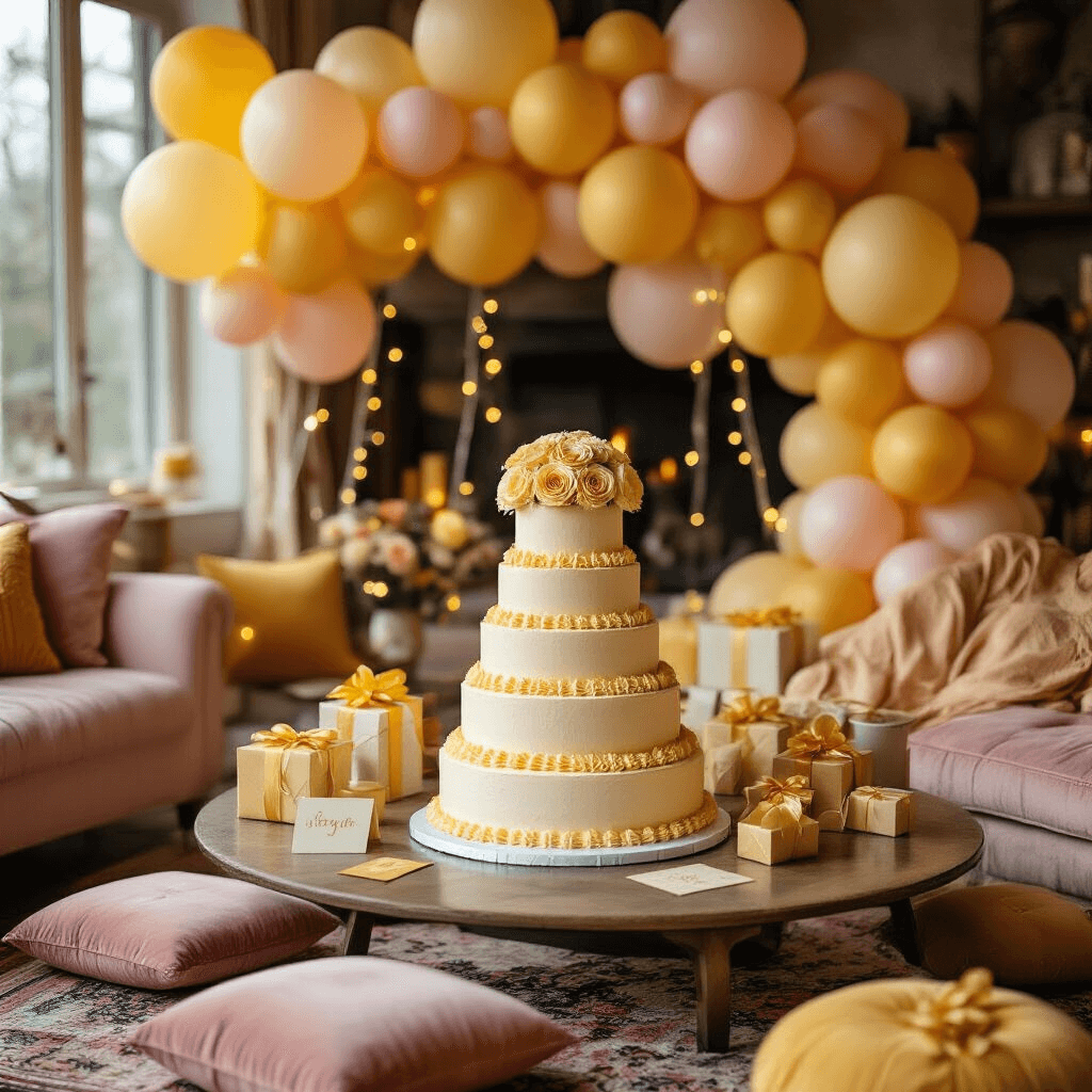 Yellow Latex Balloons: Your Complete Guide to Finding the Perfect Party Pop of Sunshine Close-up of a cozy living room birthday celebration featuring a low coffee table with blush pink velvet cushions on Persian rugs, adorned with a balloon arrangement of mustard yellow and cream balloons, a three-tier vanilla cake with yellow buttercream roses, glowing string lights, and elegant amber silk scarves.
