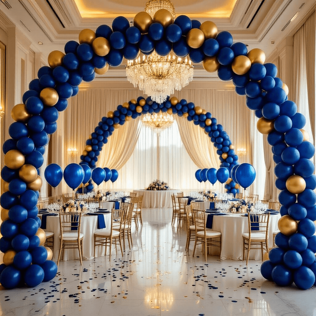 Blue Balloons: Everything You Need to Transform Your Space Into a Celebration Wide-angle shot of an elegant indoor ballroom adorned with a navy blue and gold balloon arch at the entrance, round tables draped in white silk linens, floating royal blue balloon centerpieces, and ambient lighting from crystal chandeliers, creating a sophisticated atmosphere for milestone celebrations.