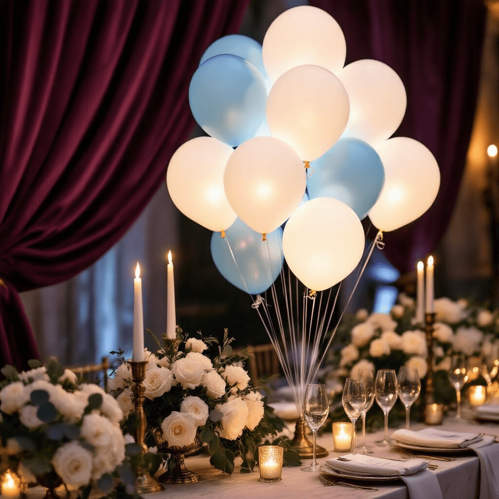 LED Balloons: Everything I Learned About These Glowing Party Game-Changers Close-up of a romantic wedding reception corner featuring ethereal white and soft blue LED balloons on vintage brass stands, surrounded by rich burgundy velvet draping and marble-topped tables adorned with white roses and eucalyptus, illuminated by flickering candles and elegant silk table runners.