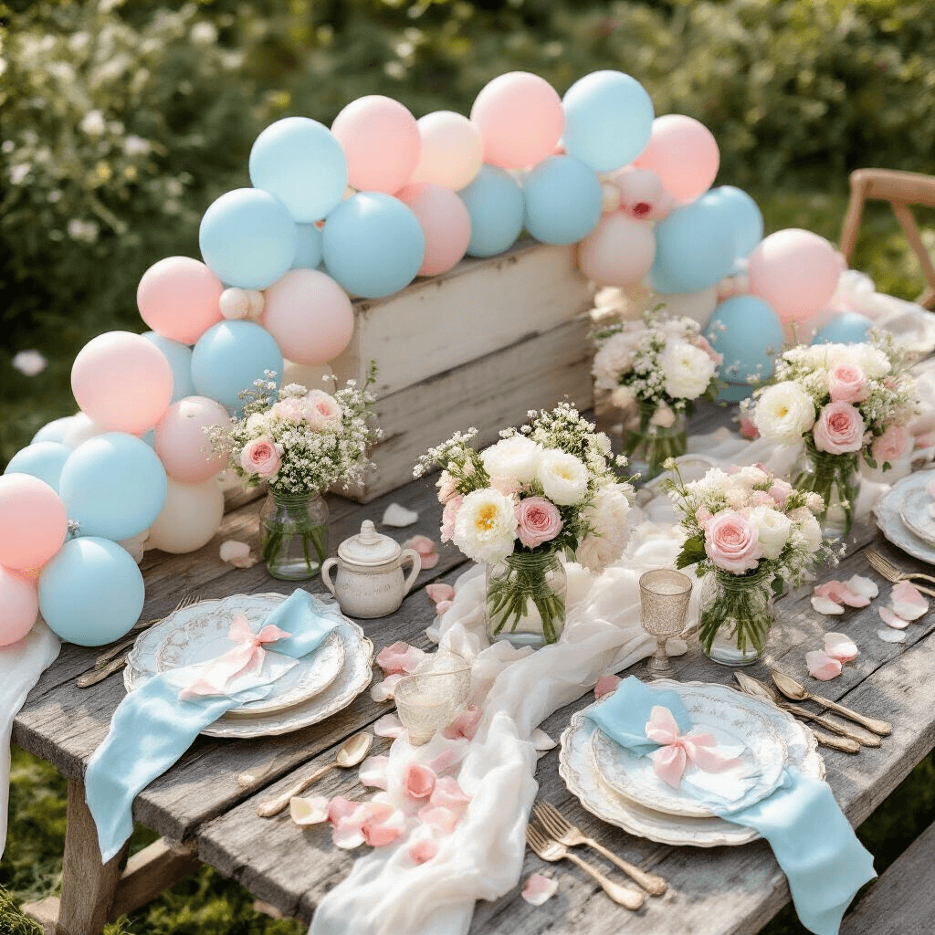 Blue Balloons: Everything You Need to Transform Your Space Into a Celebration Overhead view of a whimsical garden party setup with pastel blue and pink balloon garland, rustic picnic table, vintage mason jars with white peonies and baby's breath, creamy rose petals, delicate place settings, and a three-tiered cake stand with cupcakes, all bathed in soft morning light.