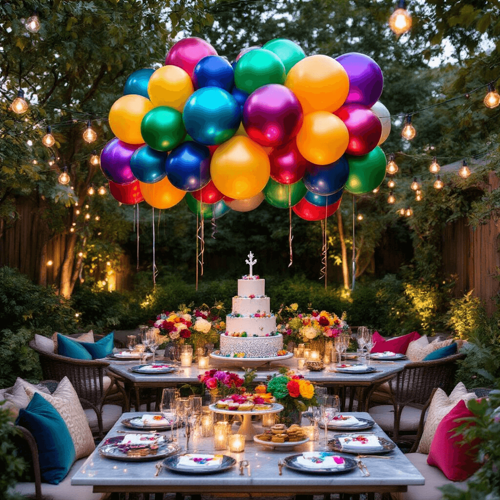 The 21 Balloons That'll Make Your 21st Birthday Absolutely Unforgettable A vibrant 21st birthday celebration in a stylish backyard garden, featuring a bold rainbow balloon display, oversized jewel-toned balloons, a stunning dessert table, and warm ambient lighting from fairy lights, all captured in a cinematic overhead shot.