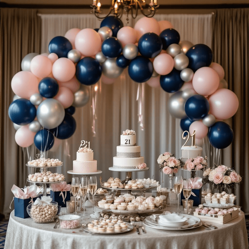 The 21 Balloons That'll Make Your 21st Birthday Absolutely Unforgettable A cozy indoor ballroom adorned with an elegant navy, silver, and blush pink balloon arrangement for a 21st birthday gathering, featuring a luxurious dessert cart centerpiece, silk table linens, crystal champagne flutes, and a softly lit atmosphere created by candlelight and uplighting.