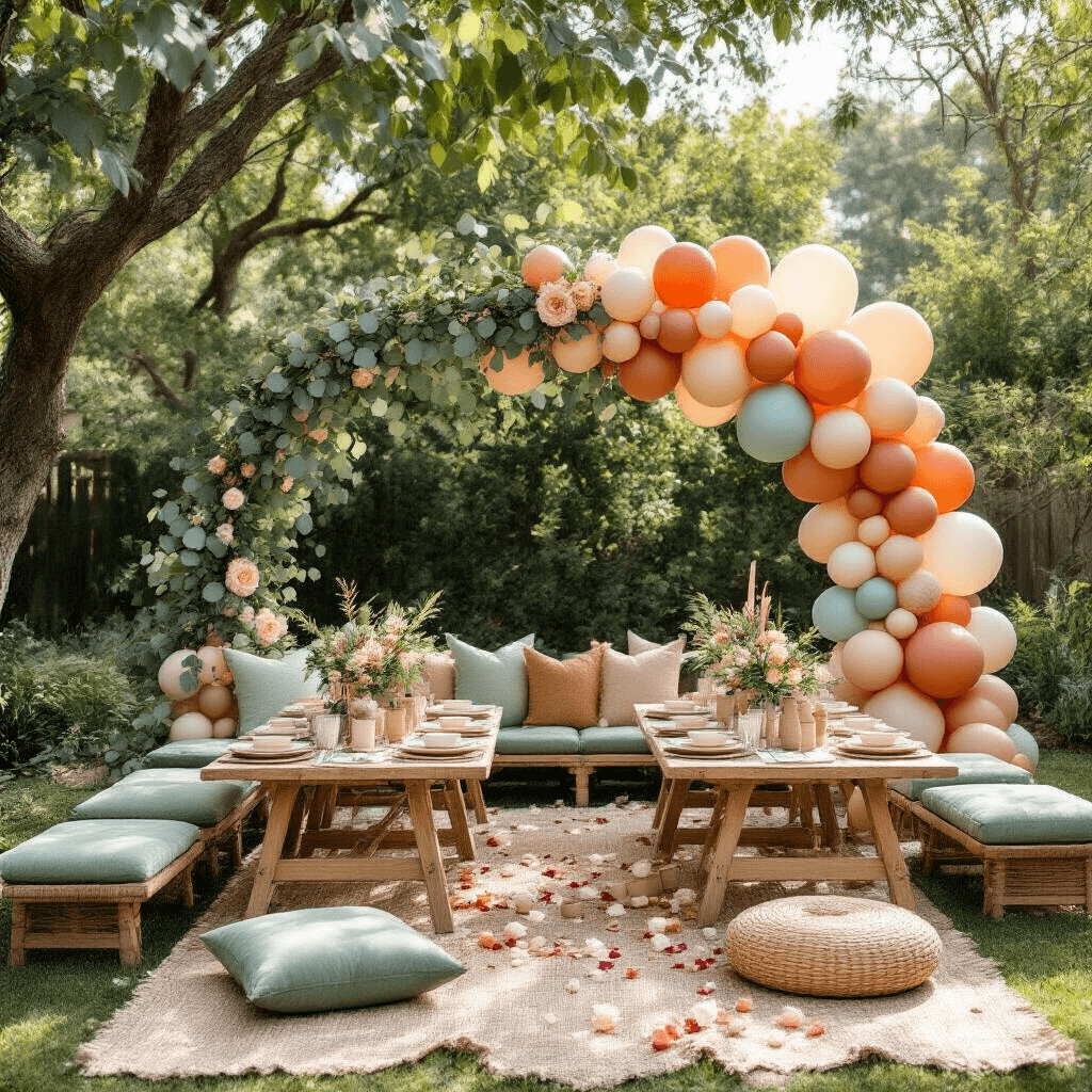Baby Boy Balloons: Everything You Need to Know About Decorating for Your Little Prince An overhead flat lay of a whimsical baby shower setup in a backyard garden, featuring low picnic tables with rattan placemats, sage green velvet cushions, an elaborate balloon installation in terracotta, dusty blue, and cream, eucalyptus garlands, personalized signage, burlap party favors, and dappled sunlight creating shadows on linen napkins and ceramic dinnerware.