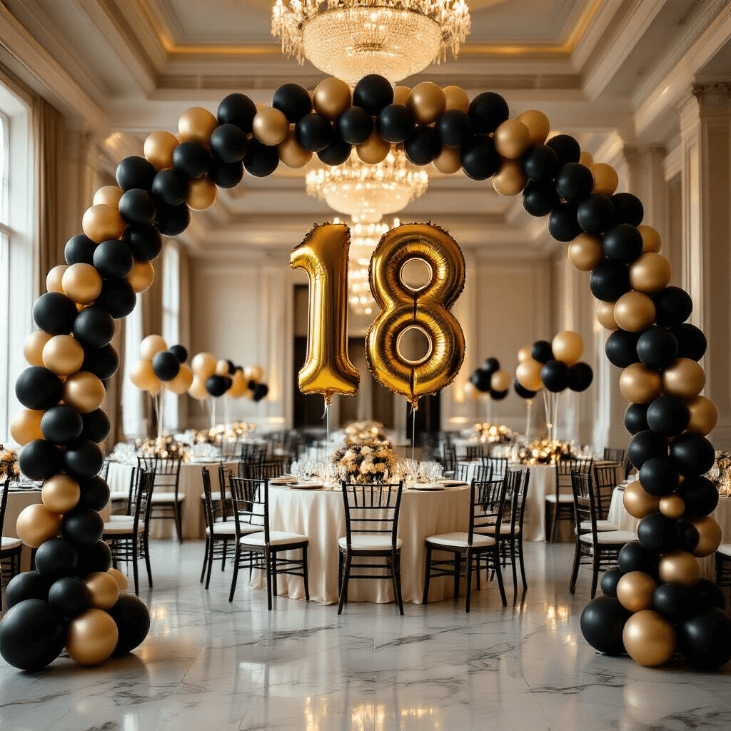 18th Birthday Balloon Decorations That Actually Look Amazing (Not Like You Tried Too Hard) Wide-angle shot of an elegant indoor ballroom at golden hour, featuring a 10-foot black and gold balloon garland arch with oversized '18' foil balloons, round tables with ivory silk linens, sophisticated balloon bouquet centerpieces, and ambient lighting from crystal chandeliers and string lights.