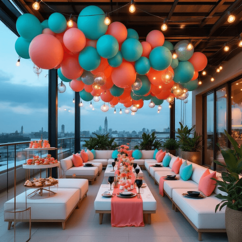 Blue Balloons: Everything You Need to Transform Your Space Into a Celebration Cinematic image of a modern rooftop terrace at twilight, adorned with turquoise and coral balloon installations, sleek marble-topped tables, cream velvet cushions, and warm string lights, set against a glowing city skyline.