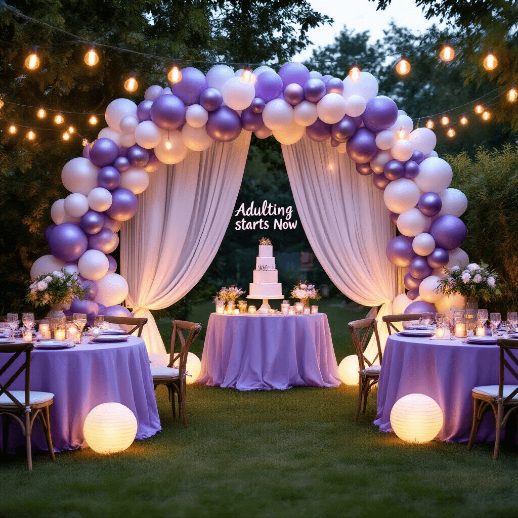 18th Birthday Balloon Decorations That Actually Look Amazing (Not Like You Tried Too Hard) A beautifully styled backyard garden party setup at night, featuring a balloon arch, round lavender linen-covered tables with greenery centerpieces, a dessert station with a tiered cake, and magical lighting from paper lanterns and cafe lights.