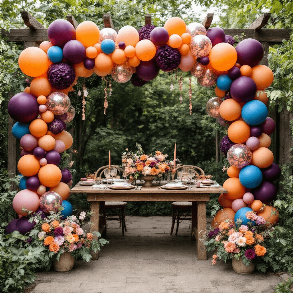 Why 2025 Balloon Trends Are Making Me Rethink Everything I Knew About Party Decor Overhead view of a vibrant garden party setup with a rustic wooden table surrounded by colorful balloon installations in deep plum, vibrant orange, and electric blue, along with fresh florals and eucalyptus garlands. Biodegradable and metallic balloons feature custom hashtags, while blush pink linens and ceramic place settings complement the scene. Battery-operated LED strips illuminate the arrangement, and guests interact with a balloon wall containing hidden messages, all beneath a floating dessert cart.
