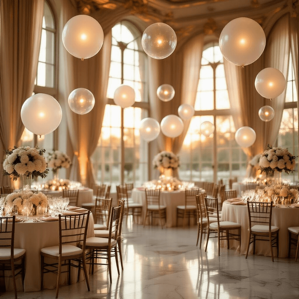 Light Balloons: The Glowing Secret to Transforming Any Space Into Pure Magic A luxurious indoor ballroom during golden hour, filled with clusters of translucent bubble balloons glowing with warm white LED lights, soft sunlight streaming through tall windows, round tables dressed in ivory silk and adorned with blush pink napkins, crystal glassware, and low floral centerpieces, all complemented by gold chiavari chairs, creating an ethereal ambiance perfect for a wedding reception.