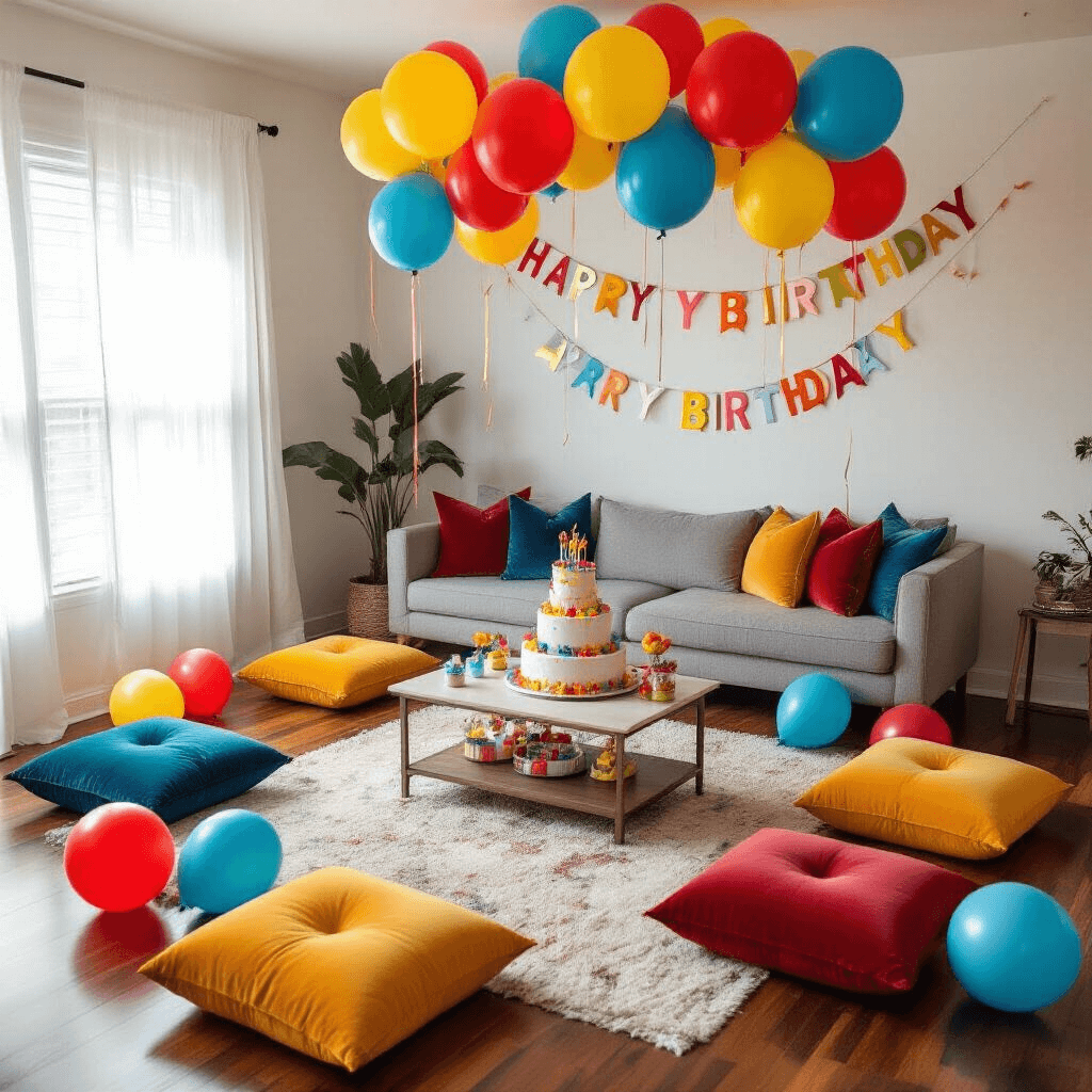 Light Balloons: The Glowing Secret to Transforming Any Space Into Pure Magic An overhead flat-lay view of a cozy living room decorated for a child's birthday, featuring colorful LED balloons in bright red, sunny yellow, and ocean blue scattered on the hardwood floors, a three-tiered birthday cake on a low coffee table, matching velvet floor cushions, streamers, and personalized banners, all illuminated by soft morning light.