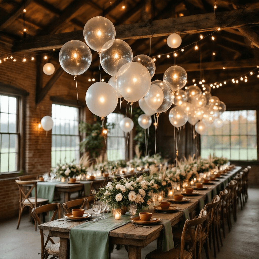 Light Balloons: The Glowing Secret to Transforming Any Space Into Pure Magic A moody evening shot of a rustic barn venue featuring bubble balloons with twinkling lights, weathered wooden beams, long farm tables with sage green linens and terracotta ceramics, and wild floral arrangements, all illuminated by vintage string lights for an enchanted atmosphere.