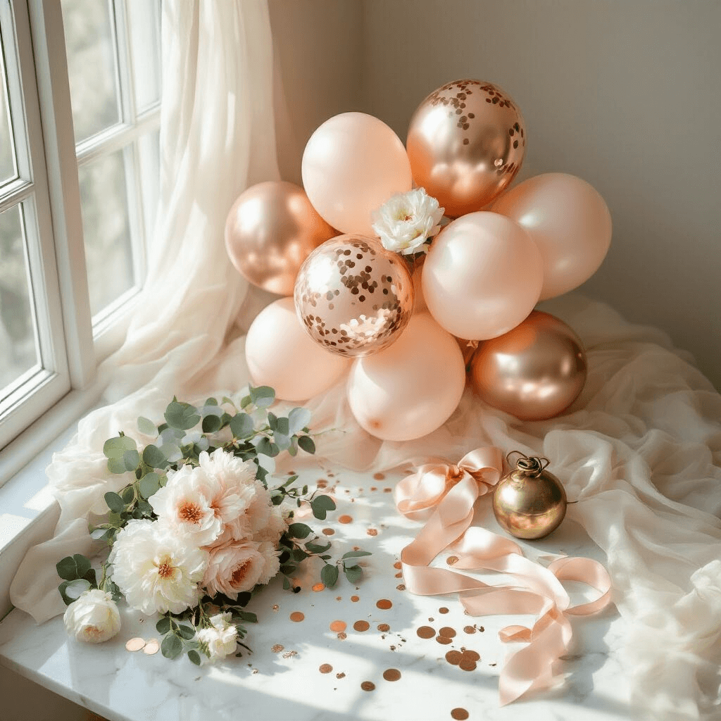 Where to Find Stunning Birthday Balloon Pictures That'll Make Your Party Pop Elegant overhead flat lay of a birthday balloon arrangement on a marble countertop, featuring rose gold confetti balloons, blush pink and cream silk ribbons, white peonies, eucalyptus sprigs, and fine gold confetti, with soft morning light highlighting the textures.