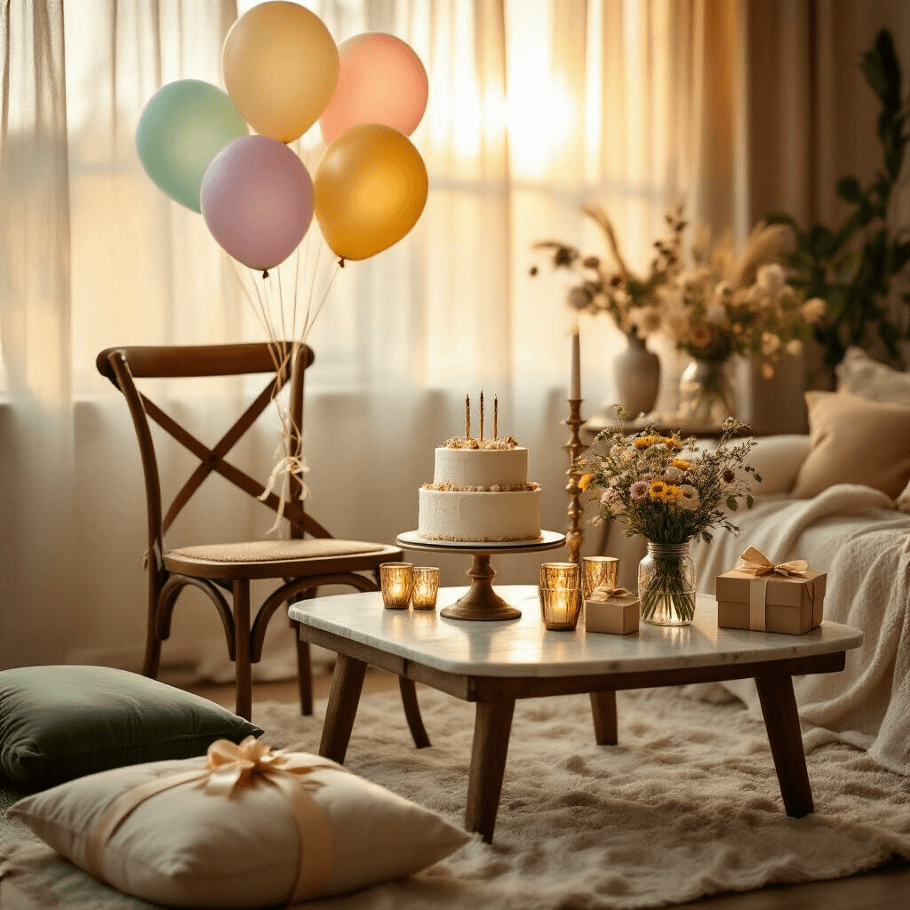 Where to Find Stunning Birthday Balloon Pictures That'll Make Your Party Pop Cinematic wide-angle view of a cozy birthday celebration in a living room, featuring pastel rainbow balloons, a rustic wooden chair, a low coffee table with vintage brass candlesticks, fresh wildflowers in mason jars, warm golden hour lighting, and a tiered birthday cake on a marble pedestal, surrounded by soft velvet cushions and personalized gift boxes.