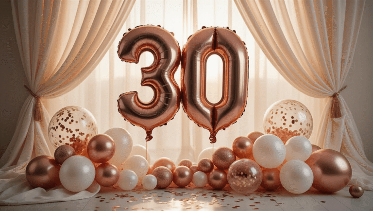 30th Birthday Balloons: Your Complete Guide to Nailing This Milestone Celebration A close-up of towering rose gold "30" mylar balloons against an ivory silk backdrop, with soft golden hour lighting, textured confetti-filled clear balloons, and an organic champagne and white balloon garland, creating a luxurious party atmosphere.