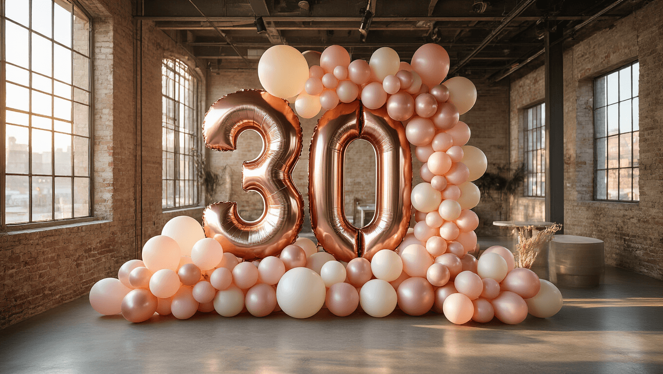 Cinematic overhead view of a sophisticated number balloon installation featuring a large metallic rose gold "30" centerpiece surrounded by a cascading garland of blush pink, champagne, and ivory balloons in a modern industrial loft with concrete floors and warm golden hour sunlight.