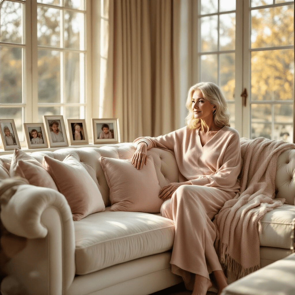 The Gift That Won't End Up in Her Donation Pile: Real Talk About Thoughtful Presents for Your Mother-in-Law A luxurious living room bathed in golden afternoon light, featuring an elegant mother-in-law in a blush cashmere lounge set, seated on an ivory velvet sofa with family photos in digital frames and a folded throw blanket beside her, all captured in warm cream and dusty rose tones.