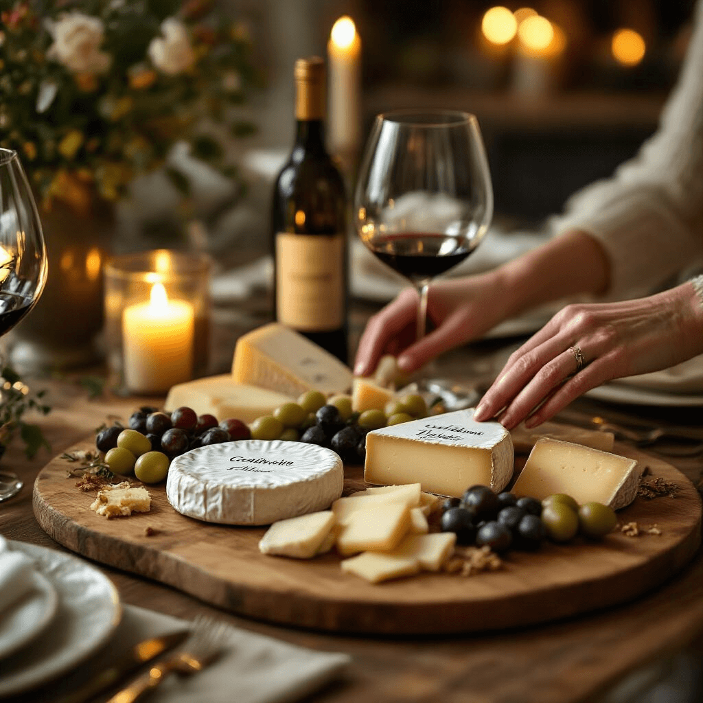 The Gift That Won't End Up in Her Donation Pile: Real Talk About Thoughtful Presents for Your Mother-in-Law A warmly lit dining area featuring an elegantly arranged cheese board with artisan olive oils and personalized labels, complemented by vintage wine glasses, soft candlelight, and a muted sage and gold color palette, as a mother-in-law’s hands gently touch a handcrafted wooden serving board, evoking an intimate dinner party atmosphere.