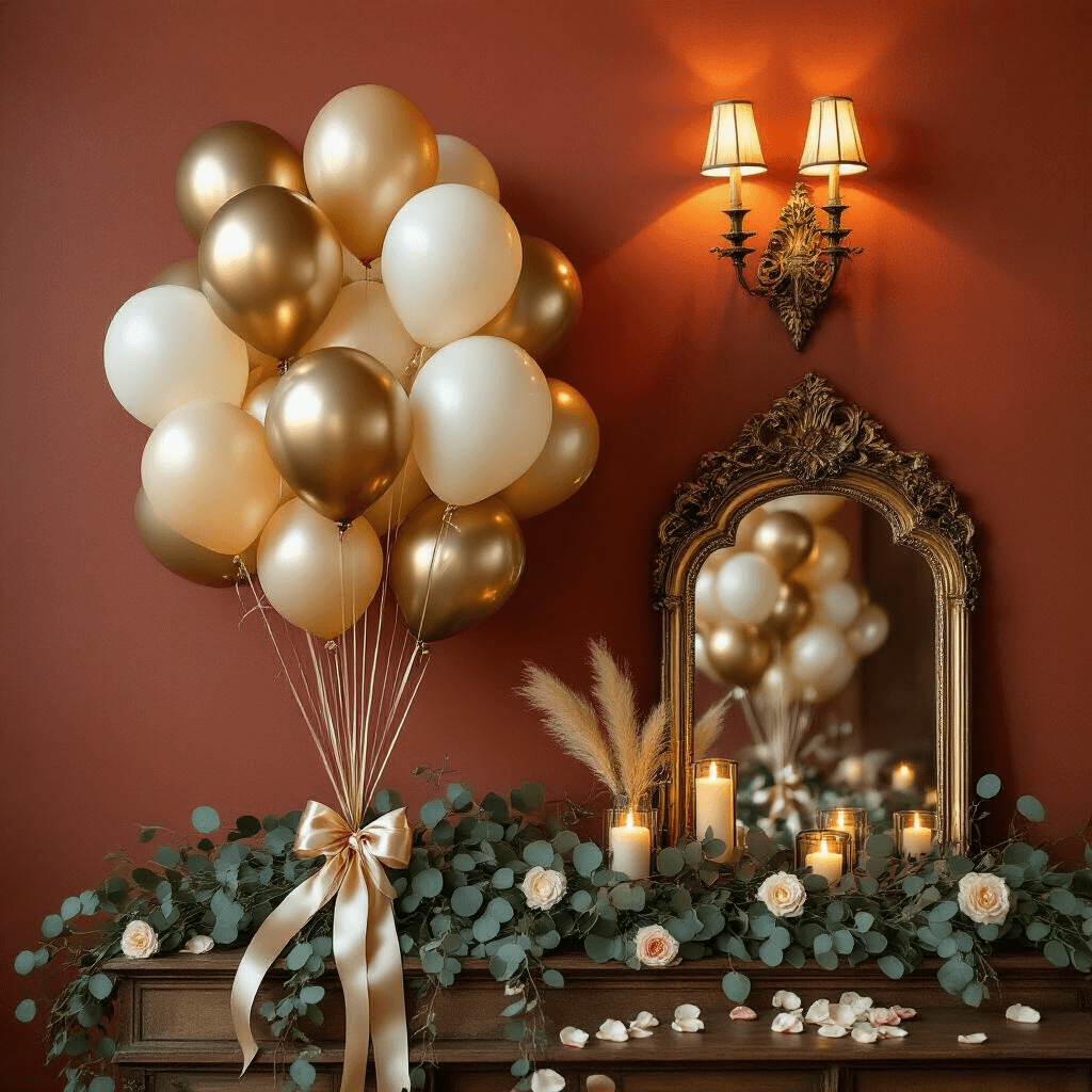 Where to Find Stunning Birthday Balloon Pictures That'll Make Your Party Pop Close-up detail of a luxurious balloon bouquet with metallic gold and ivory balloons tied with satin ribbons, set against a terracotta wall, illuminated by warm amber candlelight, featuring eucalyptus garland, dried pampas grass, an ornate gilded mirror, and scattered rose petals on a console table with pillar candles.