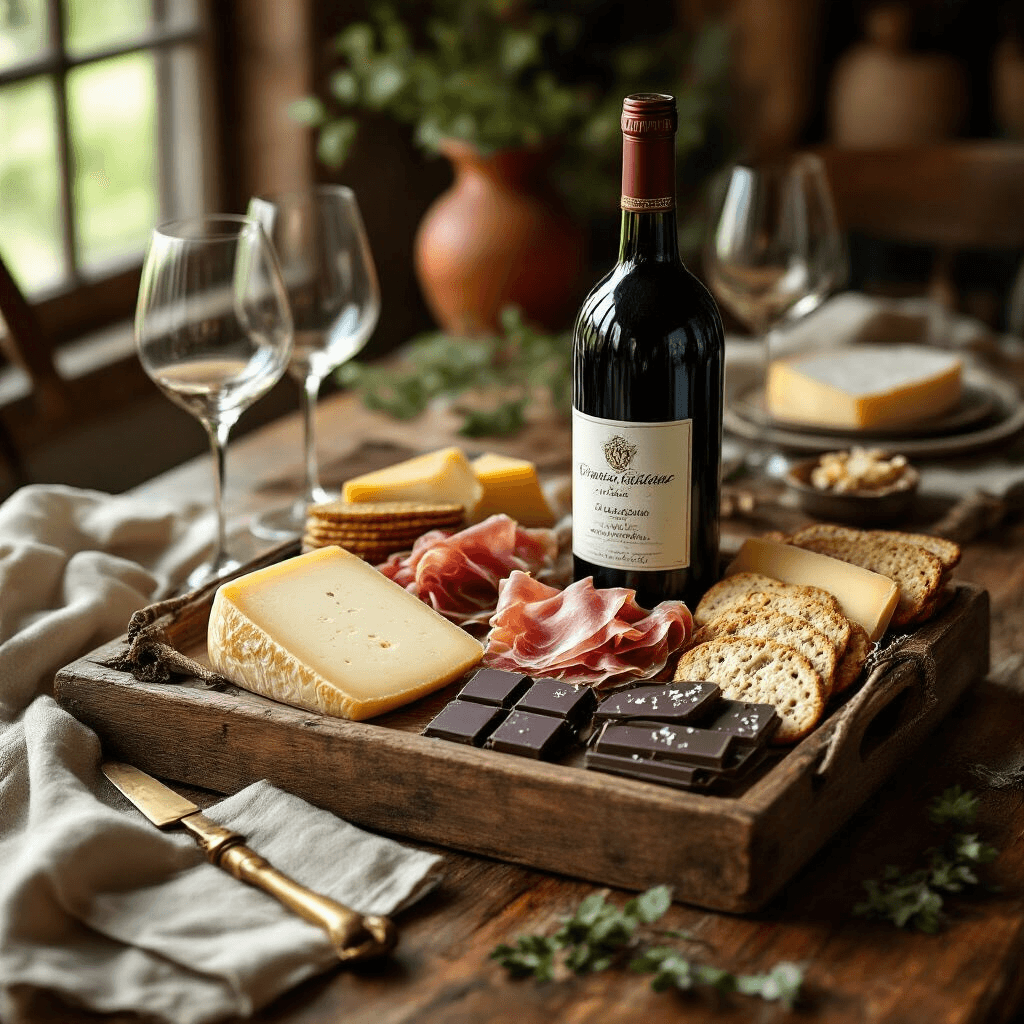 Gift Basket Ideas That'll Make You Look Like You Actually Put Thought Into It A gourmet wine and cheese gift basket featuring aged gouda, brie, prosciutto, dark chocolate, and a bottle of artisan wine, arranged on a rustic wooden table with soft natural light, alongside a vintage cheese knife, recipe card, gourmet crackers, linen napkins, and elegant wine glasses in warm terracotta and sage hues.