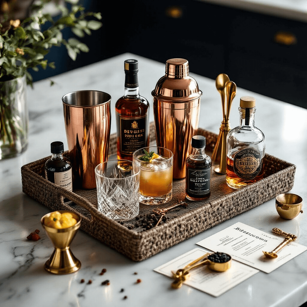 Gift Basket Ideas That'll Make You Look Like You Actually Put Thought Into It A beautifully arranged DIY cocktail mixology gift basket on a modern marble kitchen island, featuring premium spirits, a copper cocktail shaker, artisan bitters, and hand-crafted syrups, all illuminated by soft ambient lighting, with elegant crystal glassware and gold bar tools, captured from a moody overhead angle in a deep navy and gold color scheme.