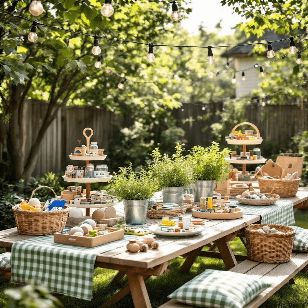 The Gift-Giving Panic Ends Here: My Battle-Tested Guide to Gifts Boys Actually Want A stylish backyard garden party setup featuring picnic-style arrangements with sports equipment, building toys, and art supplies, complemented by fresh herb centerpieces and string lights, highlighting active and creative outdoor gifts.