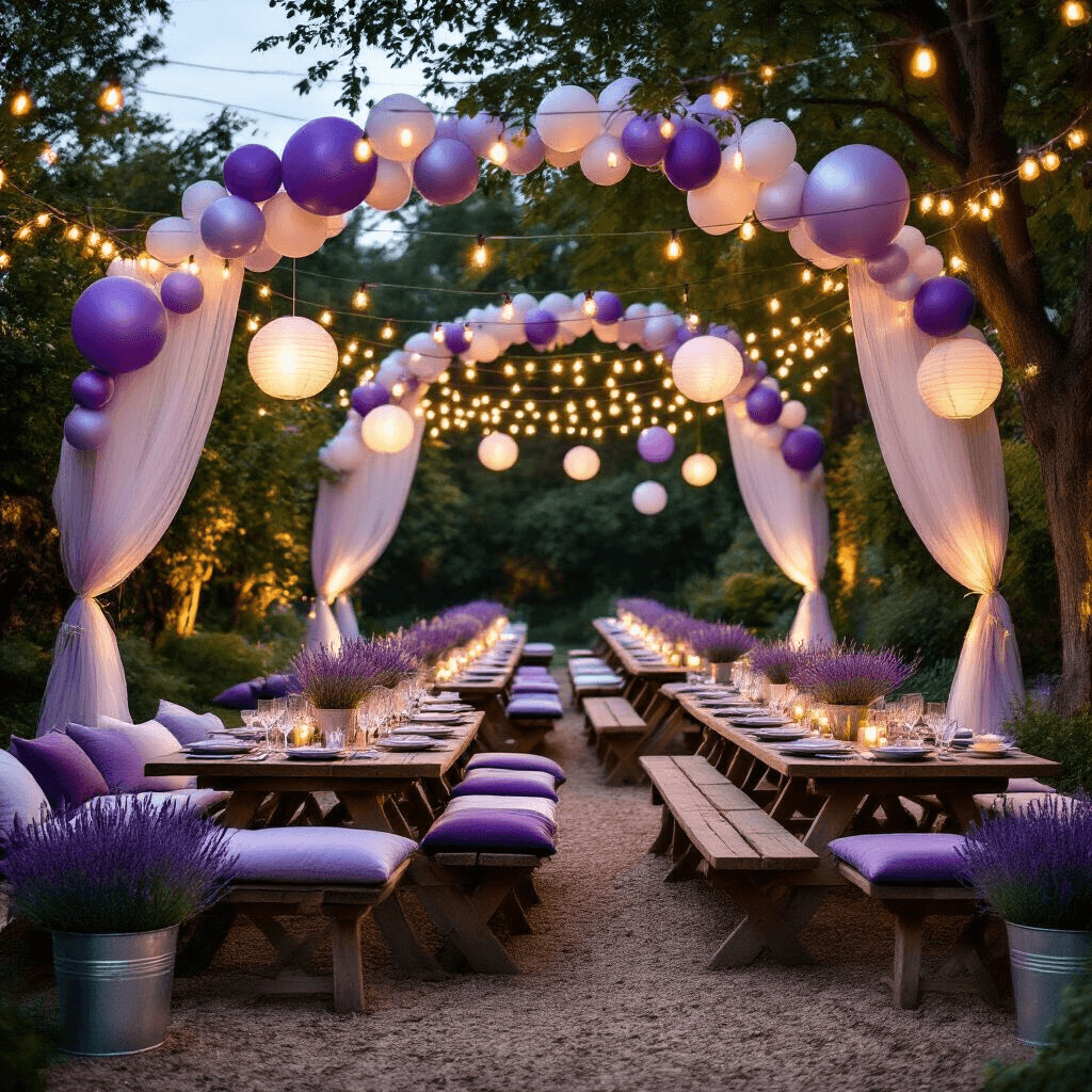 Where to Find Stunning Birthday Balloon Pictures That'll Make Your Party Pop Moody outdoor garden party setup at dusk with fairy lights overhead, lavender and silver balloon arches, rustic picnic tables with vintage china, crystal glassware, fresh lavender centerpieces, and scattered rose petals, creating a romantic and whimsical atmosphere.