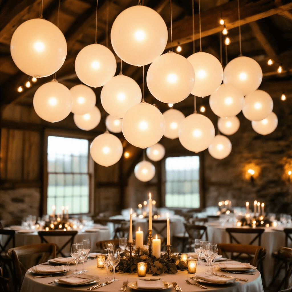 How to Hang Balloons from the Ceiling Without Losing Your Mind (Or Your Security Deposit) Close-up of an illuminated balloon ceiling installation at a rustic barn wedding reception, featuring clear and white balloons with warm LED lights, elegant tables with lace linens and brass candlesticks, and a romantic, dreamy atmosphere created by soft amber lighting and flickering candle flames.