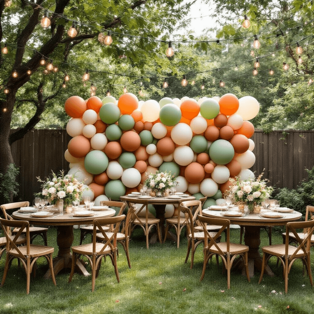 How Balloon Decorations Turned Me Into a Party Hero (And How They'll Do the Same for You) Intimate backyard garden party setup featuring a sage green, terracotta, and cream balloon wall backdrop, round wooden tables with balloon centerpieces and white florals, intertwined fairy lights, and dappled sunlight filtering through trees.